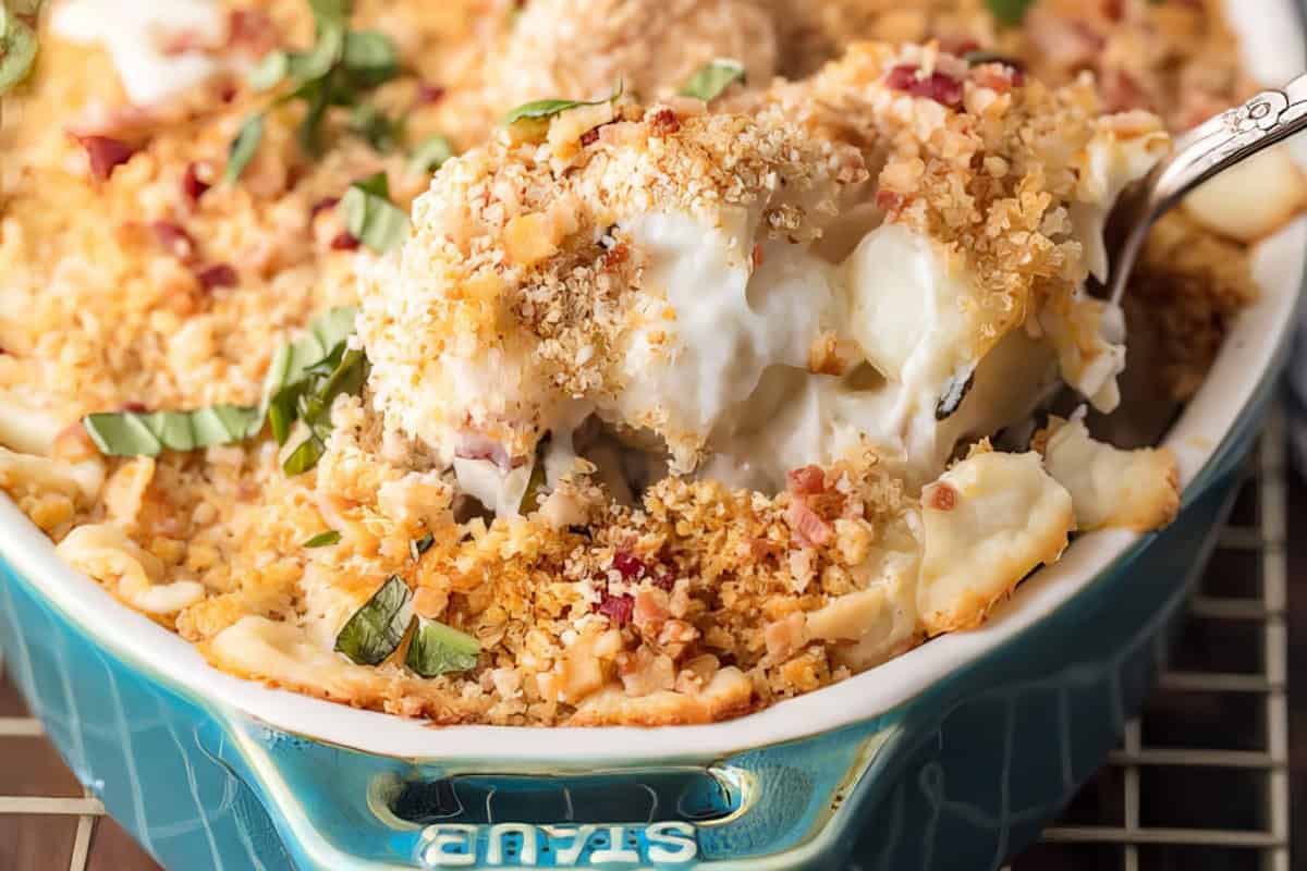 A casserole dish filled with baked macaroni and cheese topped with golden breadcrumbs, and a spoon lifting out a cheesy serving.
