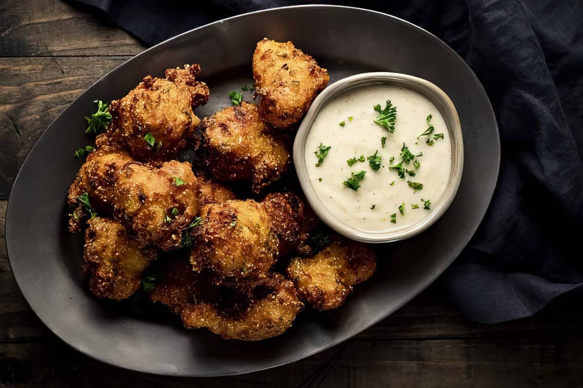 A plate of fried fritters with herbs and a bowl of creamy dipping sauce topped with parsley.