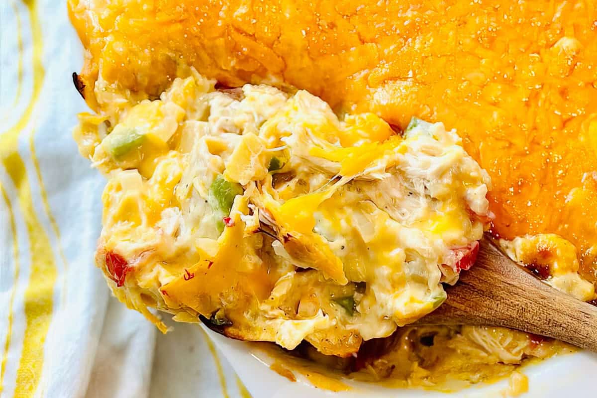 A cheesy chicken casserole featuring chunks of chicken, melted cheese, and vegetables, presented on a wooden spoon.
