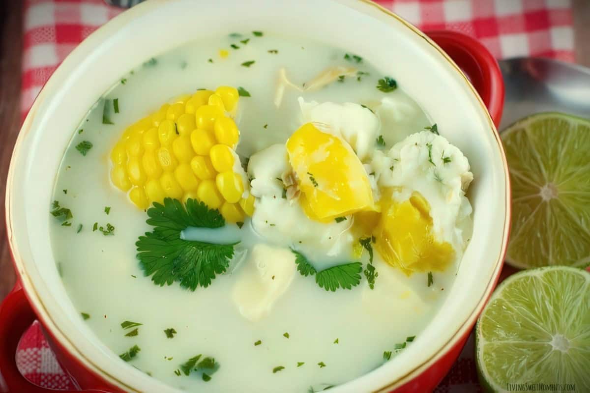 A bowl of creamy soup with chicken chunks, corn on the cob, potato pieces, and garnished with cilantro. Lime wedges are placed next to the bowl on a red and white checkered cloth.