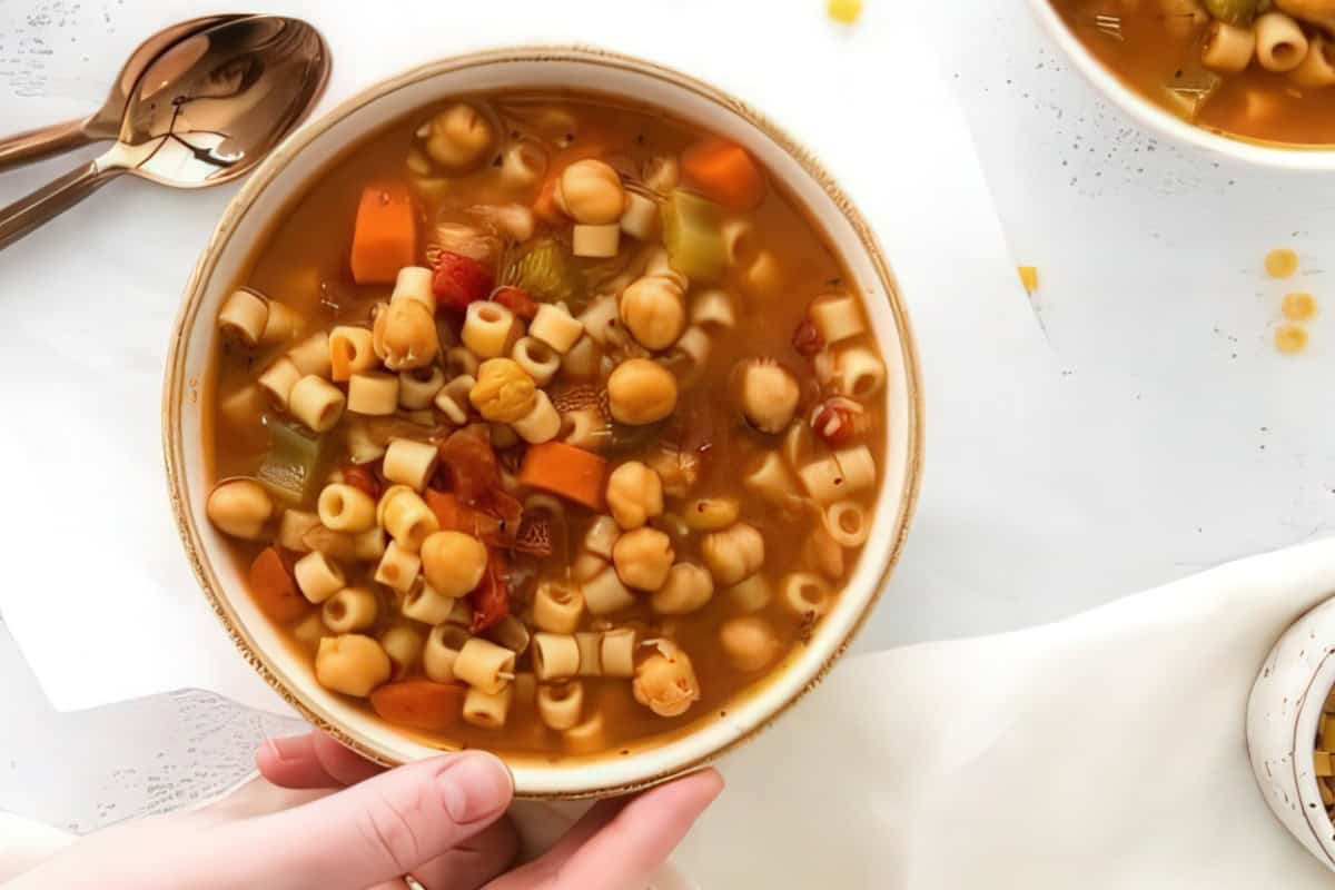 A bowl of chickpea and pasta soup with carrots, celery, and tomatoes in a broth. It's being held by a hand. Spoon and napkins on the side.