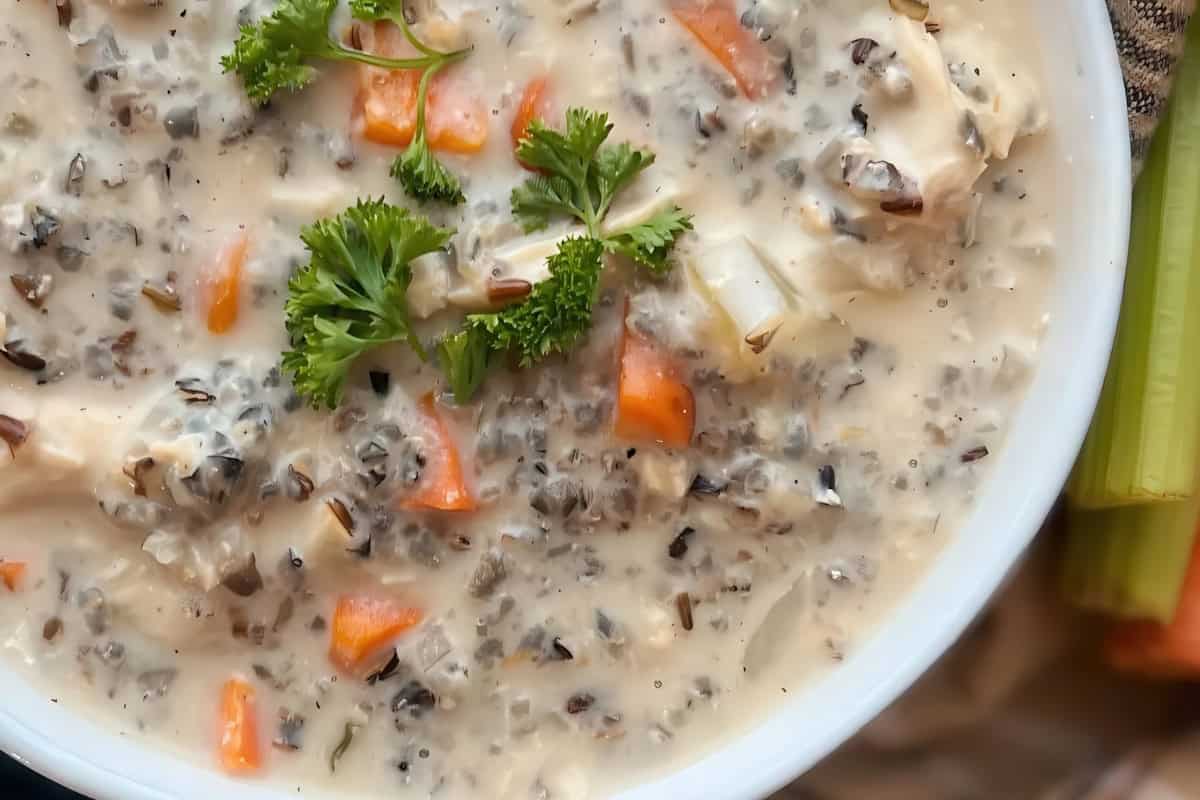 A creamy soup with visible chunks of orange carrots, pieces of chicken, wild rice, and garnished with fresh parsley, served in a white bowl.