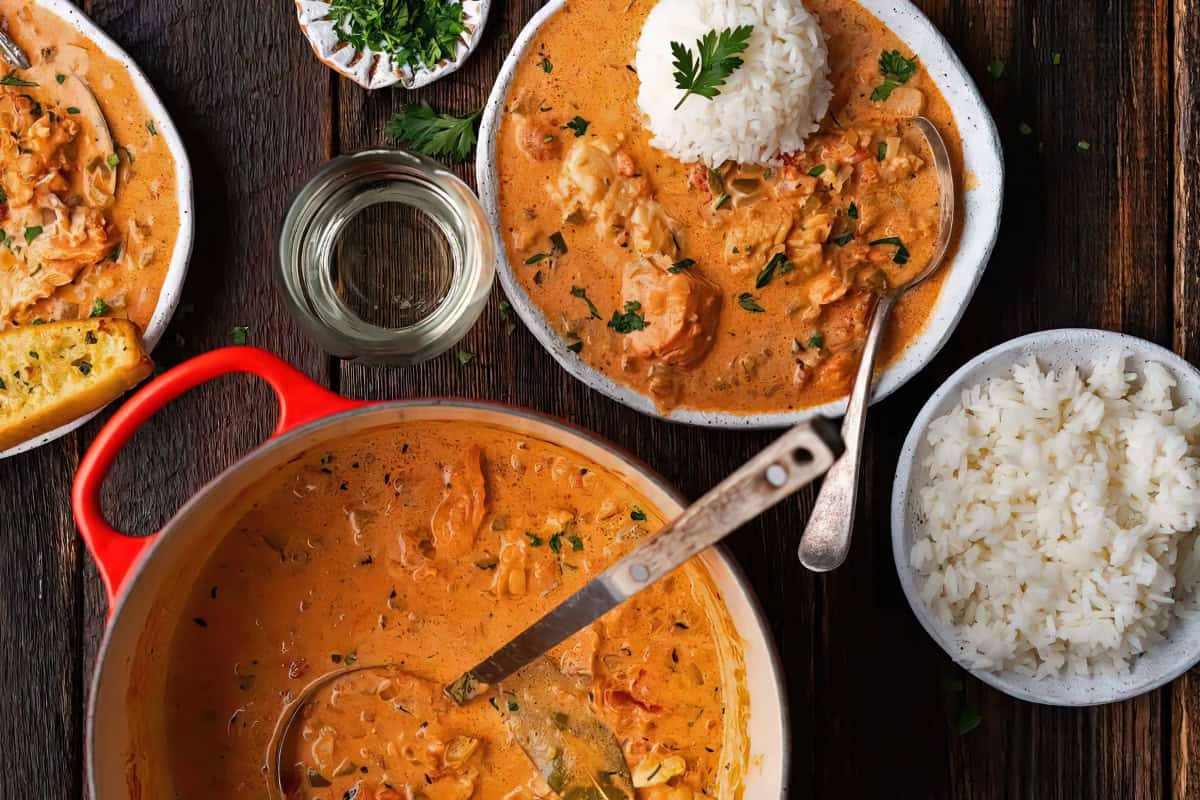 The image features bowls of creamy orange soup with chicken, herbs, and a serving of rice. Additionally, there is a pot of soup and a glass on the wooden table.
