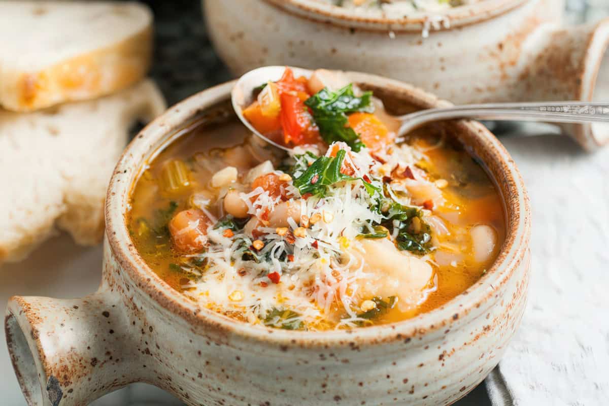 A rustic bowl of soup filled with vegetables, beans, and topped with grated cheese and herbs. A spoon is lifting a portion, revealing colorful ingredients. Two slices of bread are in the background.