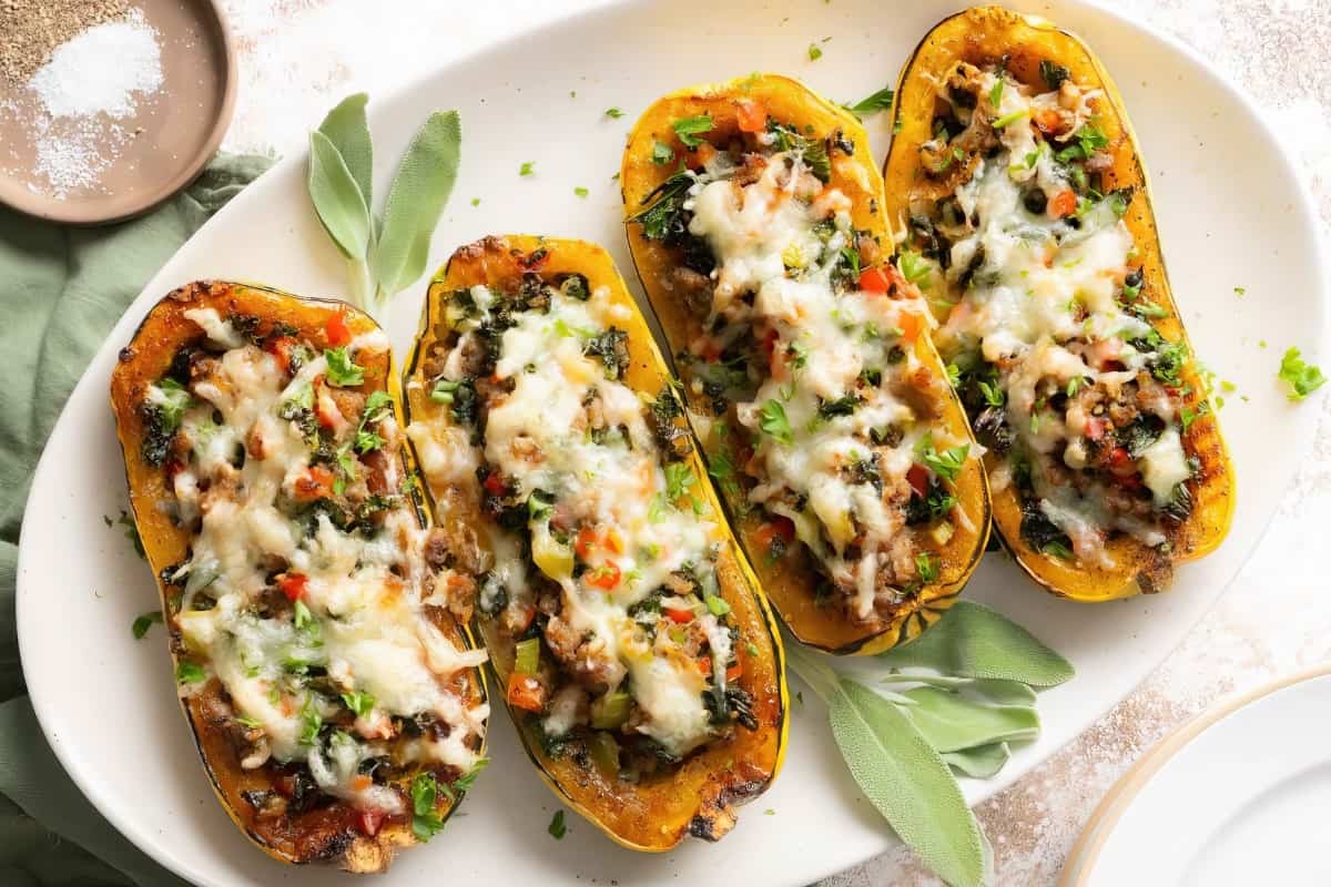 Four stuffed squash halves topped with melted cheese, vegetables, and herbs on a white platter, garnished with fresh sage leaves.