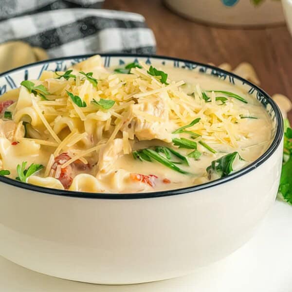 A bowl of creamy soup with shredded cheese, noodles, chicken, spinach, and herbs on a white plate with a spoon and napkin nearby.