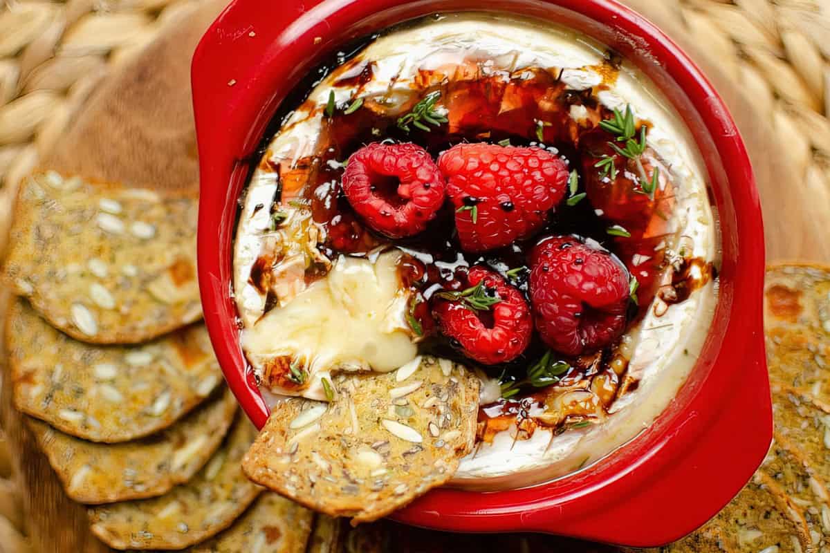 A red dish containing baked brie topped with raspberries, a drizzle of balsamic glaze, and garnished with herbs. It is surrounded by seeded crackers.