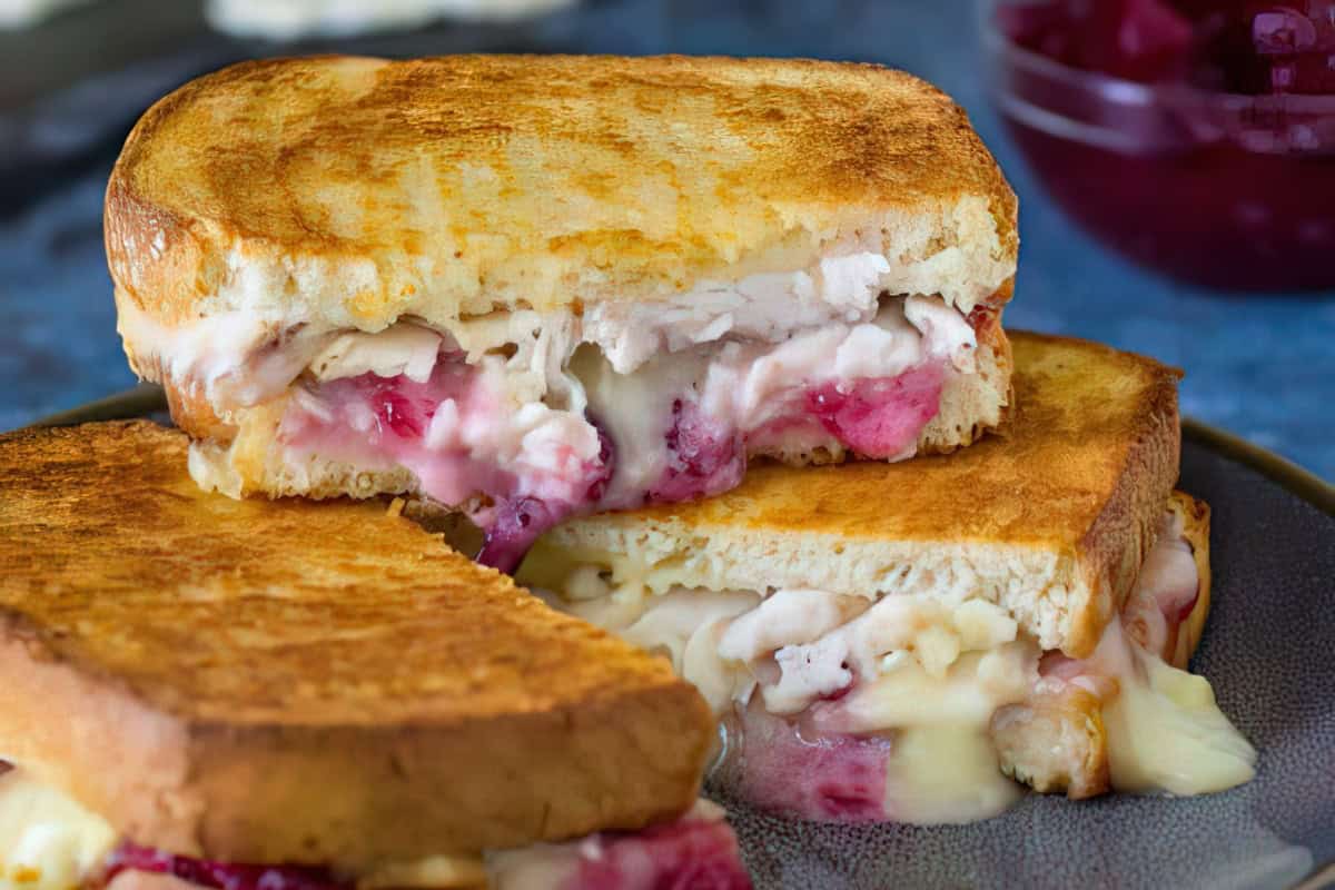 On a gray plate, there are halves of a grilled sandwich containing turkey, melted cheese, and cranberry sauce.