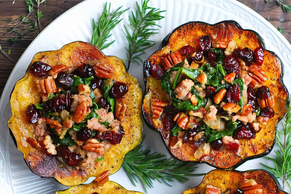 Roasted acorn squash halves filled with a vibrant stuffing of spinach, pecans, cranberries, and herbs, garnished with rosemary on a white plate.