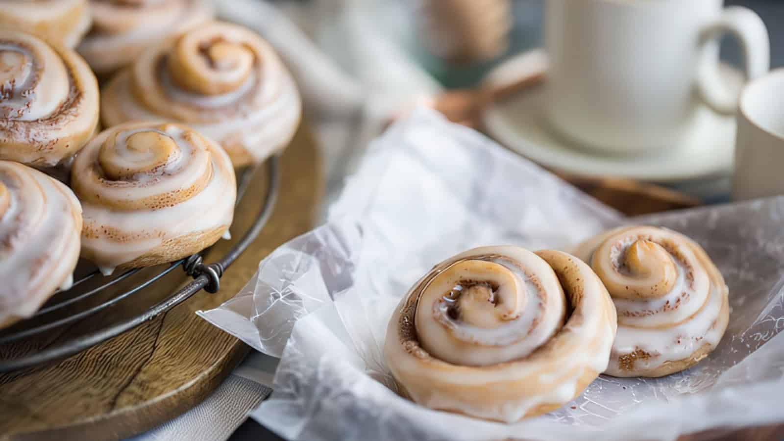 Two cinnamon rolls with white icing are placed on wax paper, with more rolls on a cooling rack nearby. A cup and saucer are partially visible in the background, suggesting a cozy setting for enjoying these pastries.