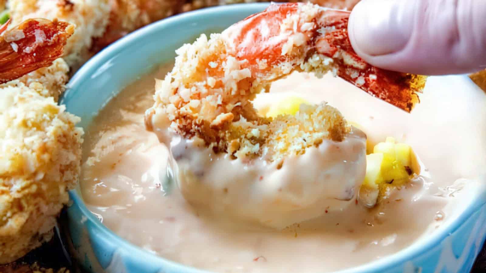 A hand dips a golden, crumb-coated shrimp into a creamy sauce in a small blue bowl. The sauce contains chunks of mango, adding color and texture to the scene. Other shrimp are visible in the background.