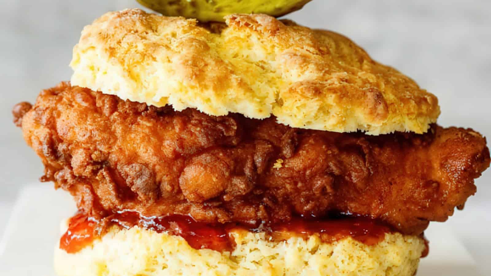 A crispy fried chicken fillet sandwiched between two flaky biscuits, topped with a pickle, and a layer of red sauce visible below the chicken. The focus is on the texture and color contrast of the sandwich.