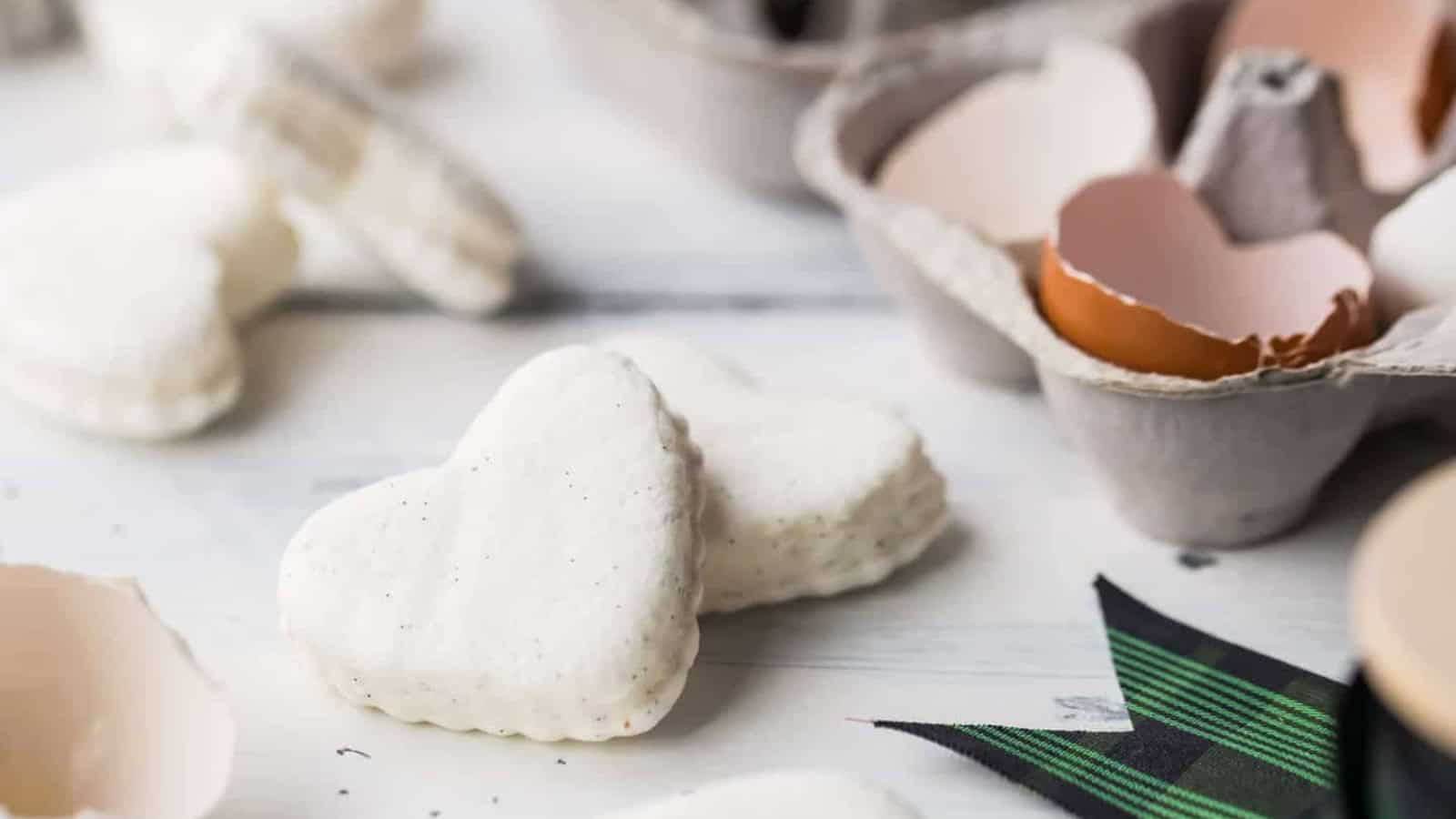 Heart-shaped cookies are arranged on a light surface next to broken eggshells in a carton. A piece of dark green plaid ribbon is partially visible in the foreground.