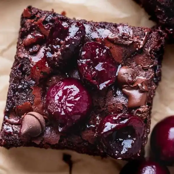 A close-up of a chocolate brownie topped with whole cherries and melted chocolate chips on parchment paper.
