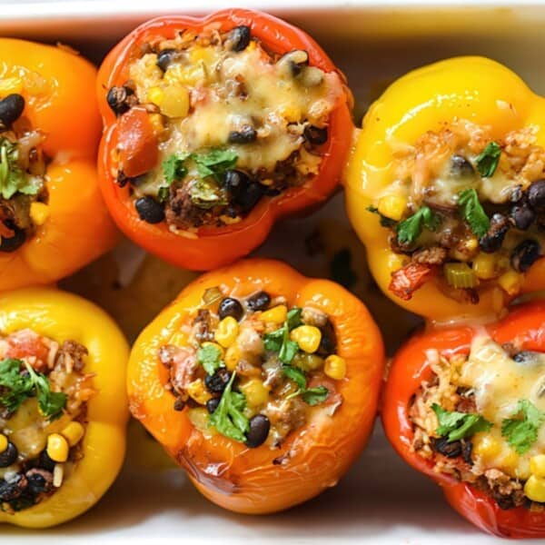 Six stuffed bell peppers filled with black beans, corn, rice, and melted cheese are arranged in a white baking dish.