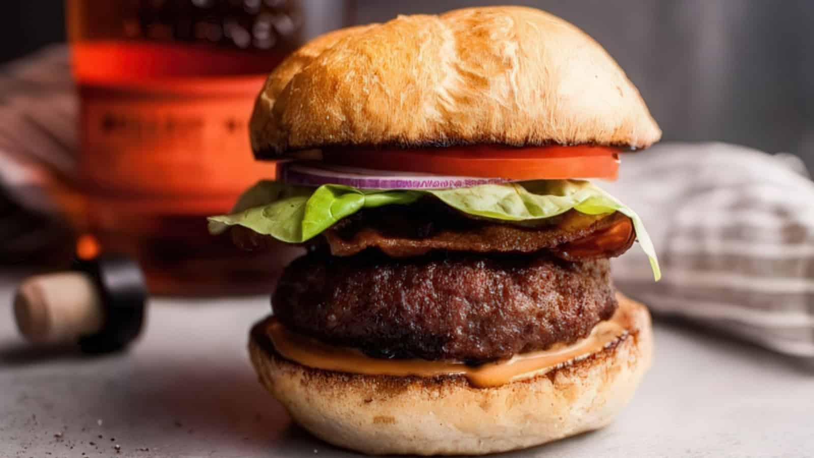 A juicy cheeseburger with crispy bacon, lettuce, tomato, and onion slices is layered between a toasted bun. A bottle of whiskey is blurred in the background.