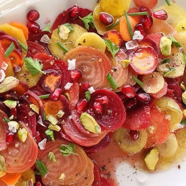 A colorful salad with thinly sliced rainbow carrots and beets, garnished with pomegranate seeds, pistachios, chopped herbs, and a sprinkling of seasoning on a white plate.