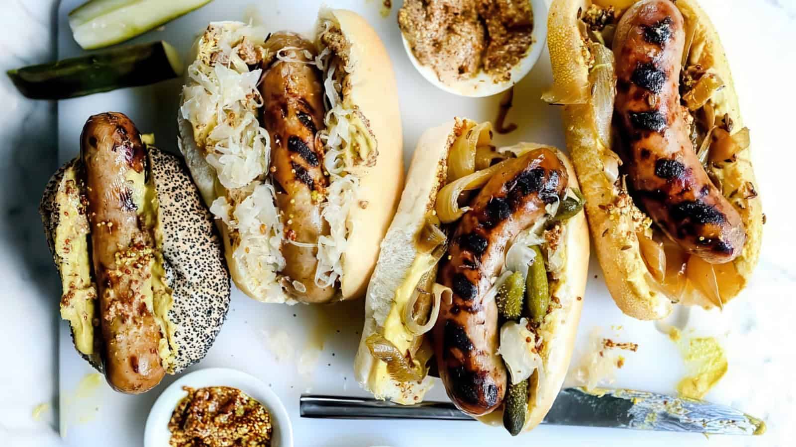 Four grilled sausages in buns with various toppings like sauerkraut, mustard, and pickles on a white surface. A knife and small bowls of mustard and spices are nearby.