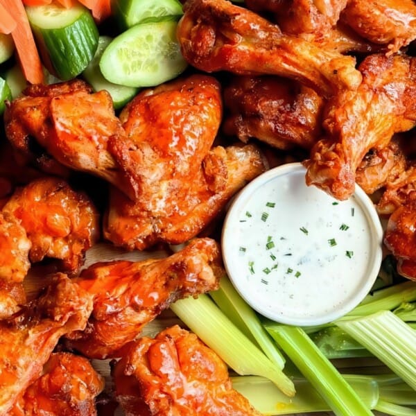 A platter of spicy chicken wings is surrounded by fresh carrot and cucumber sticks, celery, and a small bowl of creamy dipping sauce topped with herbs.