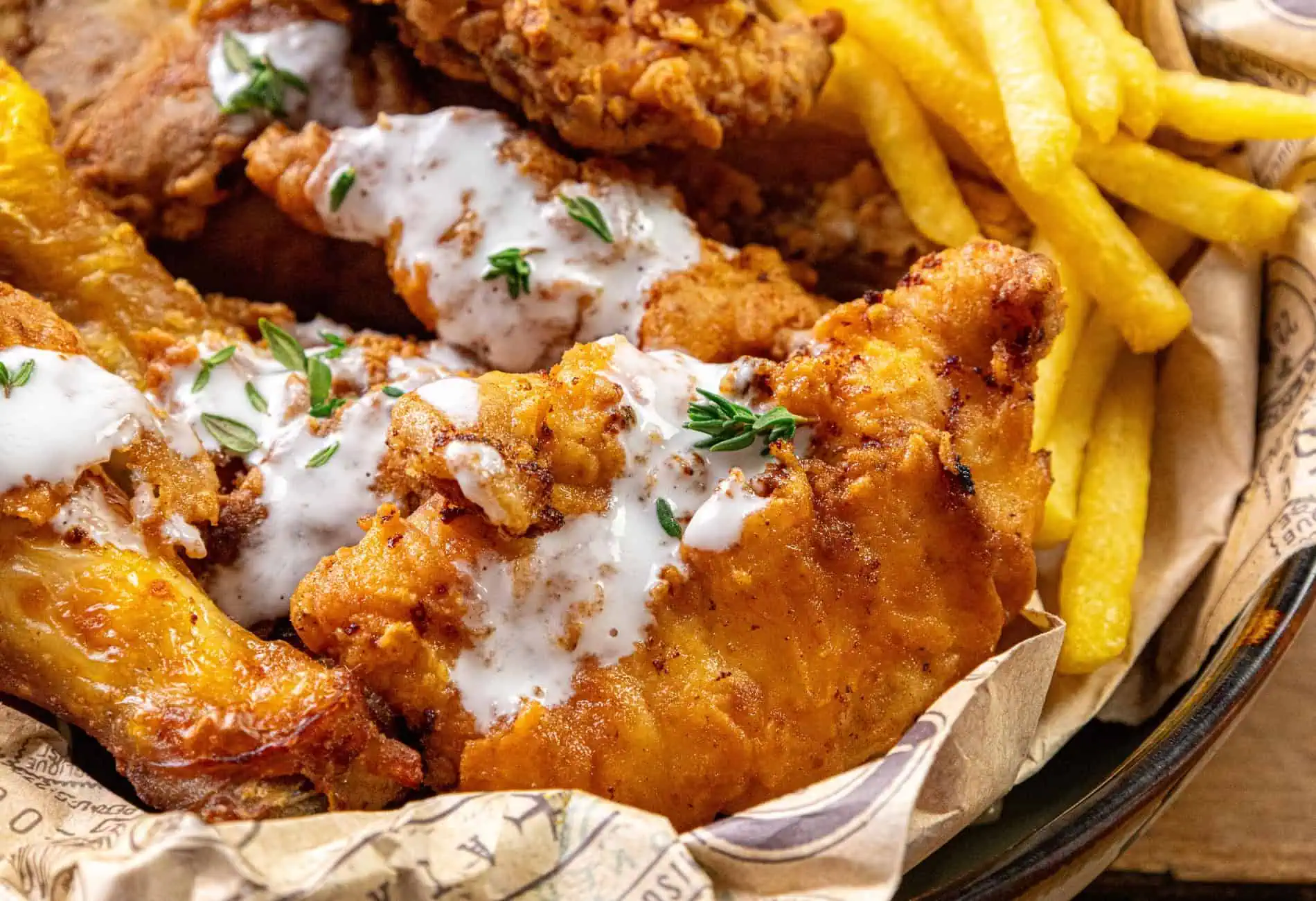 A delicious plate of crispy fried chicken drizzled with creamy sauce, garnished with fresh herbs, alongside golden fries.