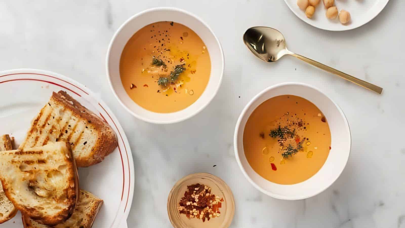 Two bowls of creamy orange soup garnished with herbs and chili flakes on a marble surface. A gold spoon, a plate of toasted bread slices, a small bowl of chili flakes, and a bowl of chickpeas are also visible.