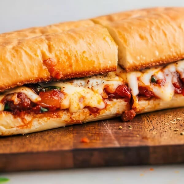 A toasted sandwich roll filled with melted cheese and tomato-based meat sauce sits on a wooden cutting board.