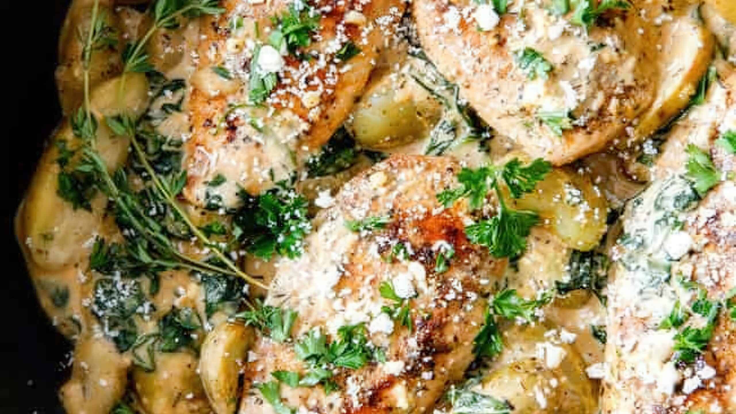 A close-up of a creamy chicken dish topped with fresh herbs and grated cheese. Golden-brown chicken breasts are nestled among a creamy sauce with spinach and whole garlic cloves, garnished with sprigs of parsley.