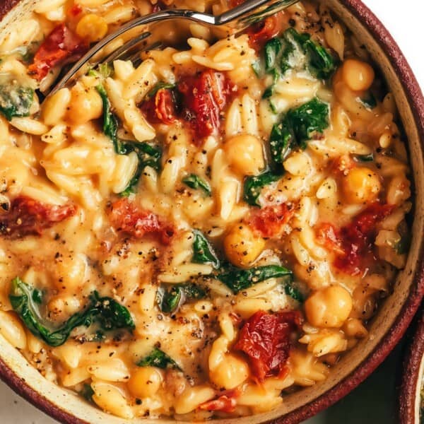 A bowl of creamy orzo pasta with chickpeas, spinach, sun-dried tomatoes, herbs, and a fork resting in the bowl.