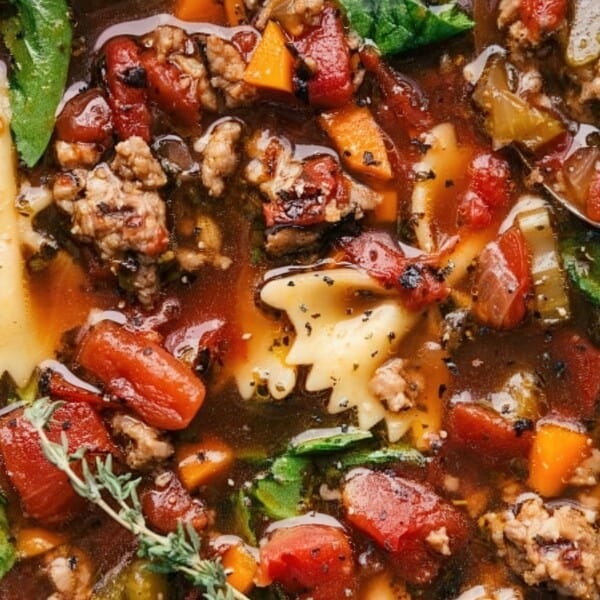 A hearty bowl of minestrone soup featuring bow tie pasta, ground beef, tomatoes, carrots, spinach, and herbs in a rich broth. A spoon rests in the soup, showcasing the colorful ingredients.
