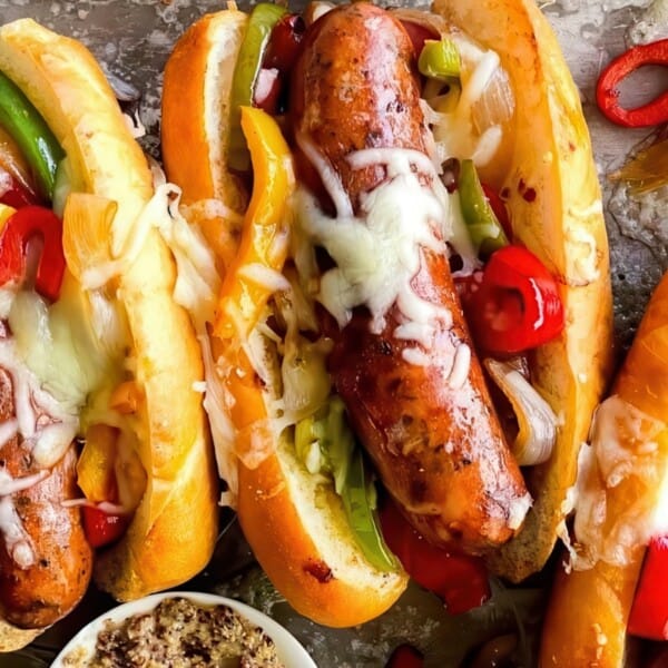 Three sausage sandwiches in buns are topped with melted cheese, sautéed onions, and bell peppers. They are arranged on a tray with extra sliced peppers and a small bowl of mustard.