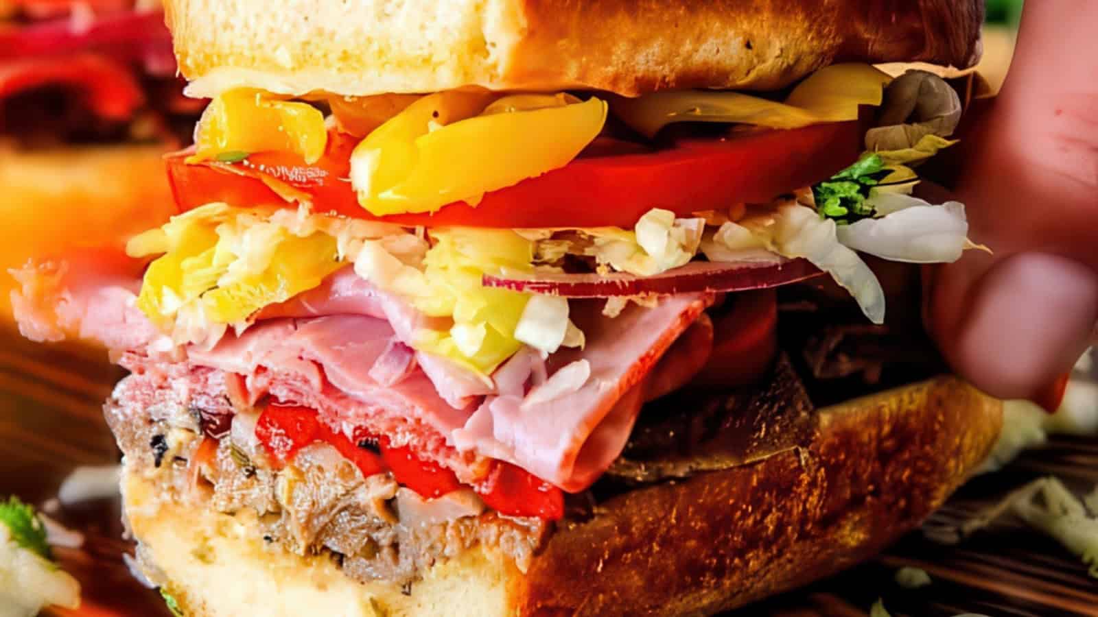 Close-up of a stacked sandwich with layers of ham, shredded meat, sliced tomatoes, yellow bell peppers, onions, and lettuce, all between thick slices of golden bread. A hand holds the sandwich, ready to eat.
