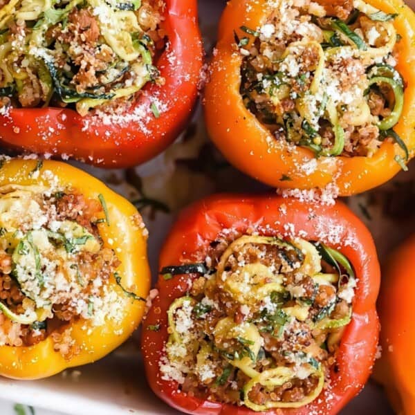 A baking dish with red and yellow bell peppers stuffed with vegetables, ground turkey, and topped with grated cheese.