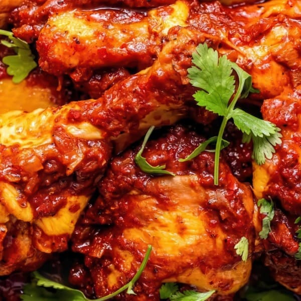 Close-up of a dish featuring chicken drumsticks coated in a rich red sauce, garnished with fresh cilantro leaves. The vibrant colors highlight the spicy and flavorful appearance of the meal.