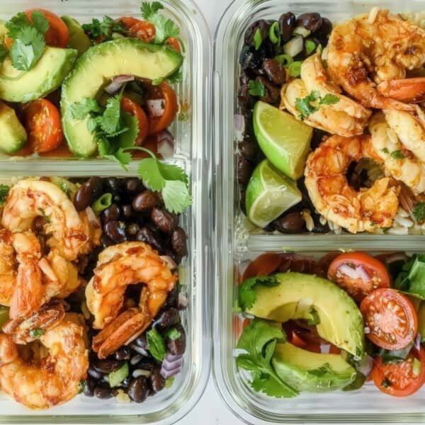 Three glass containers filled with rice, seasoned shrimp, black beans, avocado, cherry tomatoes, cilantro, and lime wedges.