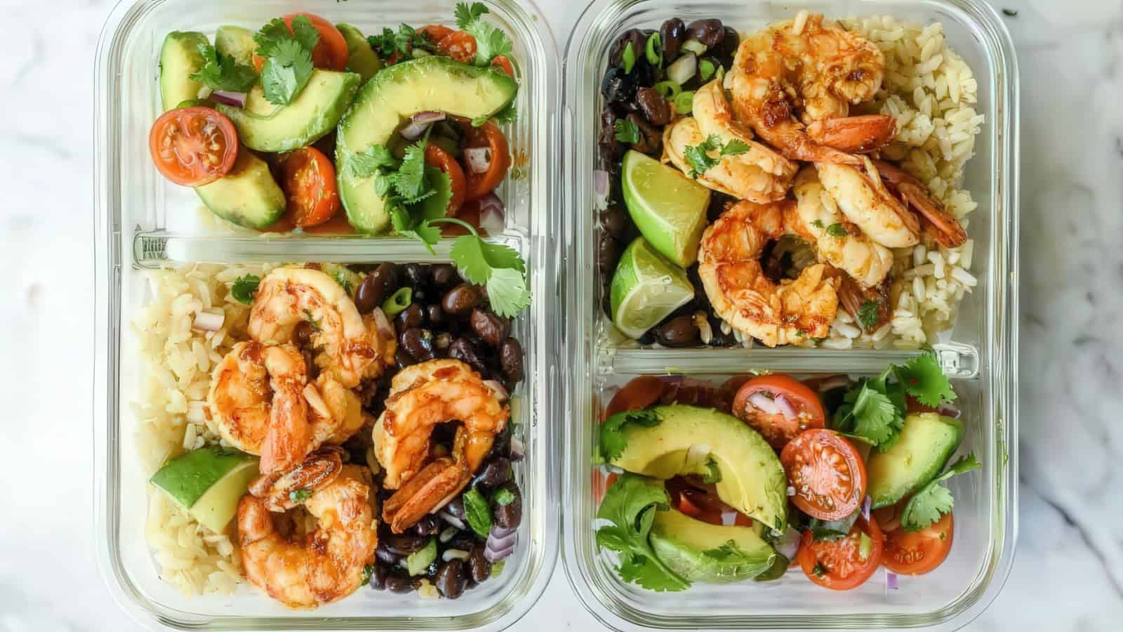 Two meal prep containers are filled with shrimp, brown rice, black beans, avocado slices, cherry tomatoes, lime wedges, and cilantro. The vibrant ingredients are divided into sections within each container.