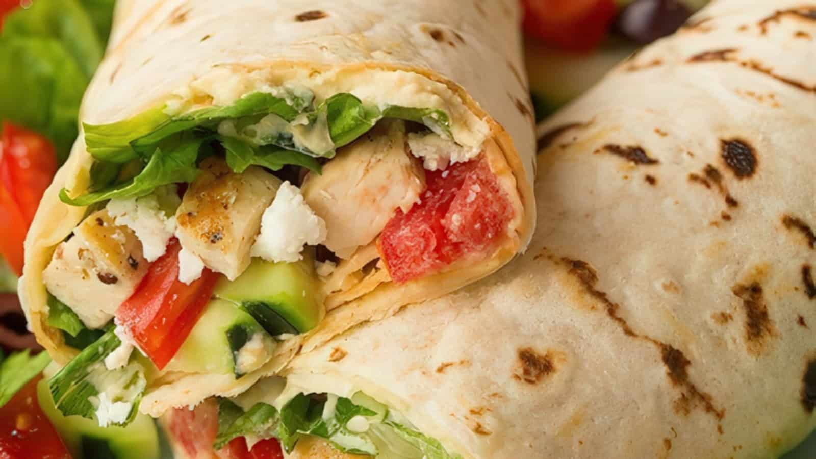 Close-up of two sliced wraps filled with grilled chicken, lettuce, cucumber, tomatoes, and feta cheese on a plate with greens in the background.