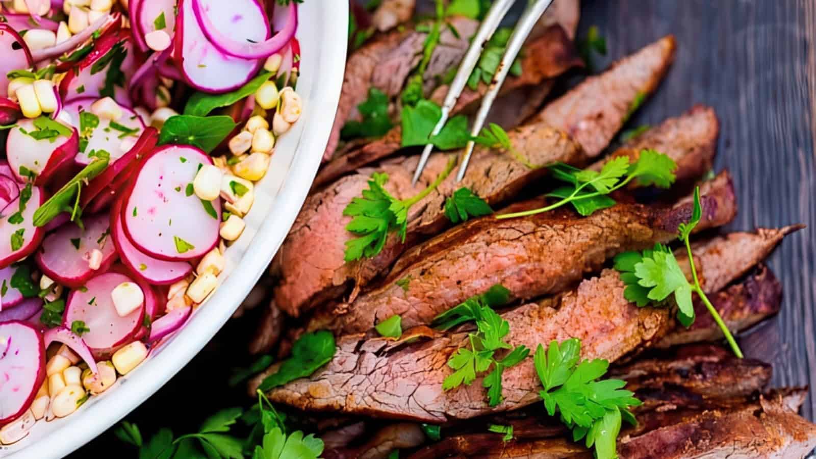 A platter of sliced, grilled steak garnished with fresh parsley. Accompanying the steak is a bowl of salad containing radishes, corn, and herbs. A fork rests on the steak, and the wooden surface beneath adds a rustic touch.