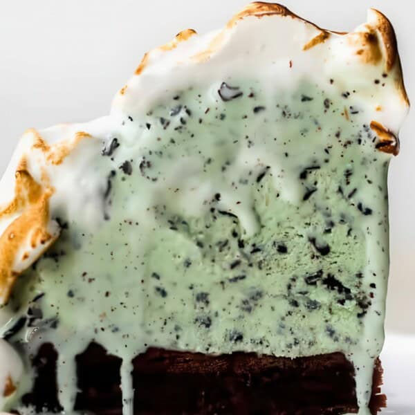 A slice of mint chocolate chip ice cream cake with toasted meringue topping on a white plate.