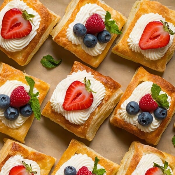 Squares of puff pastry topped with whipped cream and fresh berries, arranged in a grid pattern on parchment paper.