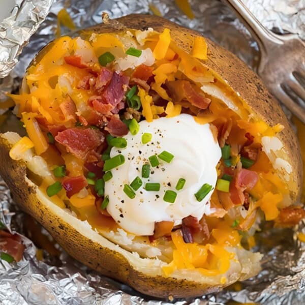 A baked potato served on a plate, wrapped in foil, topped with sour cream, shredded cheddar cheese, chopped bacon, and chives, with a fork placed beside it.