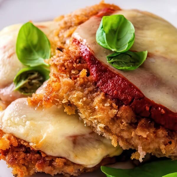 A close-up of chicken parmesan on a white plate. The dish features breaded chicken cutlets topped with tomato sauce, melted cheese, and garnished with fresh basil leaves.