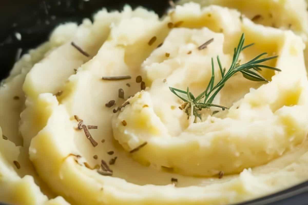Close-up of creamy mashed potatoes garnished with sprigs of rosemary and sprinkled with thyme or pepper, served in a black bowl. The potatoes are smooth and fluffy, creating an appetizing presentation.