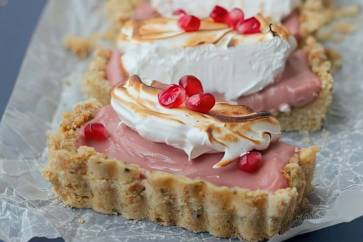 Slices of dessert tart featuring creamy pink filling, toasted meringue topping, and garnished with pomegranate seeds.