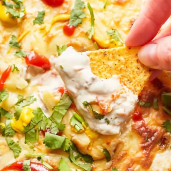 A hand holds a tortilla chip with creamy dip above a dish filled with melted cheese, tomatoes, and garnished cilantro.