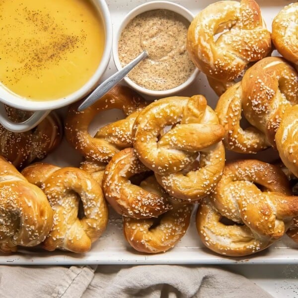 A tray of soft pretzels with coarse salt, served alongside cheese sauce and mustard for dipping.