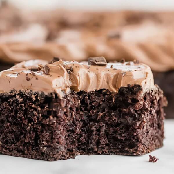 A close-up of a chocolate brownie with chocolate frosting, featuring a bite taken out of it. The background is a blurred array of additional brownies.