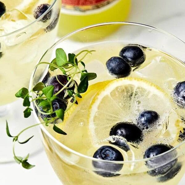 Two refreshing glasses of clear sparkling beverage garnished with lemon slices and blueberries. Sprigs of fresh herbs float on top. The scene is bright, with a partial lemon and a bottle in the background.