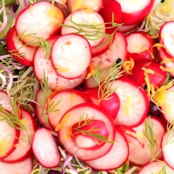 A vibrant mix of fresh, sliced radishes garnished with microgreens and delicate herbs, on a light-colored base.