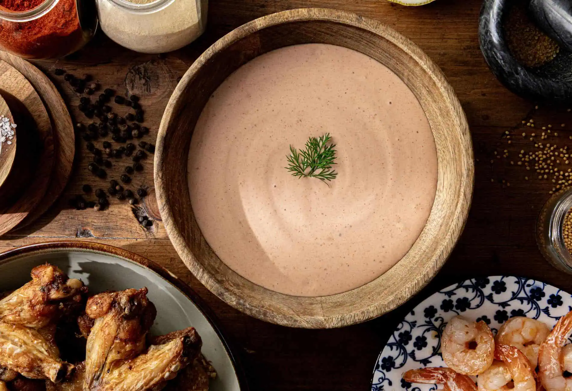 A wooden bowl filled with creamy pink Comeback Sauce, a classic Southern condiment known for its bold flavor, is garnished with dill and sits on a wooden table surrounded by chicken wings, shrimp, spices, and condiments.