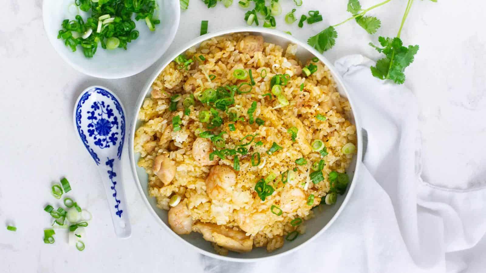 A bowl of chicken fried rice topped with chopped green onions, a small dish containing sliced green onions, a blue and white spoon, and sprigs of cilantro arranged on a white surface.